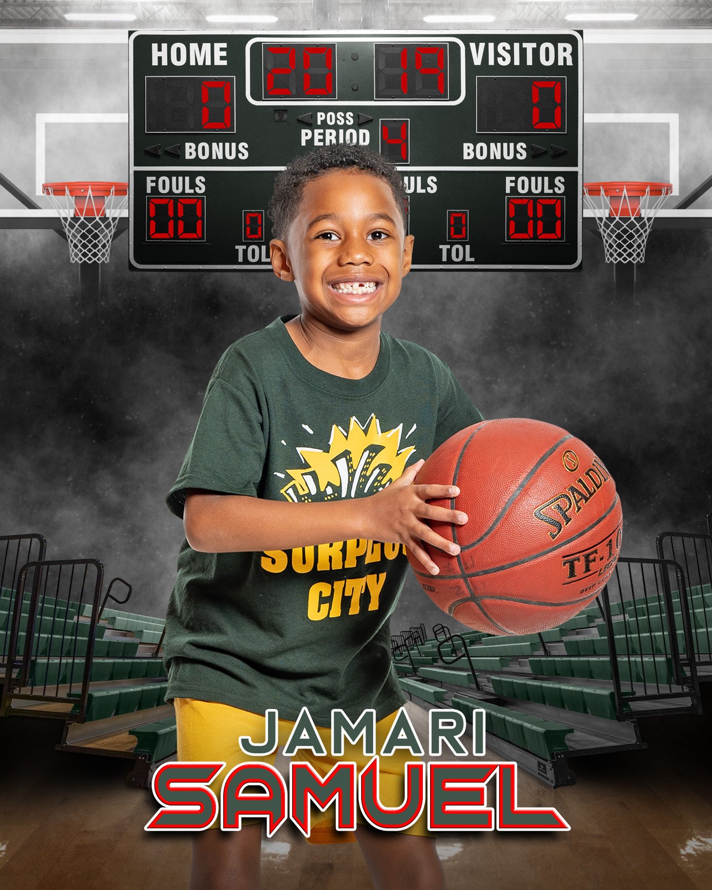 Kid posing with basketball under scoreboard