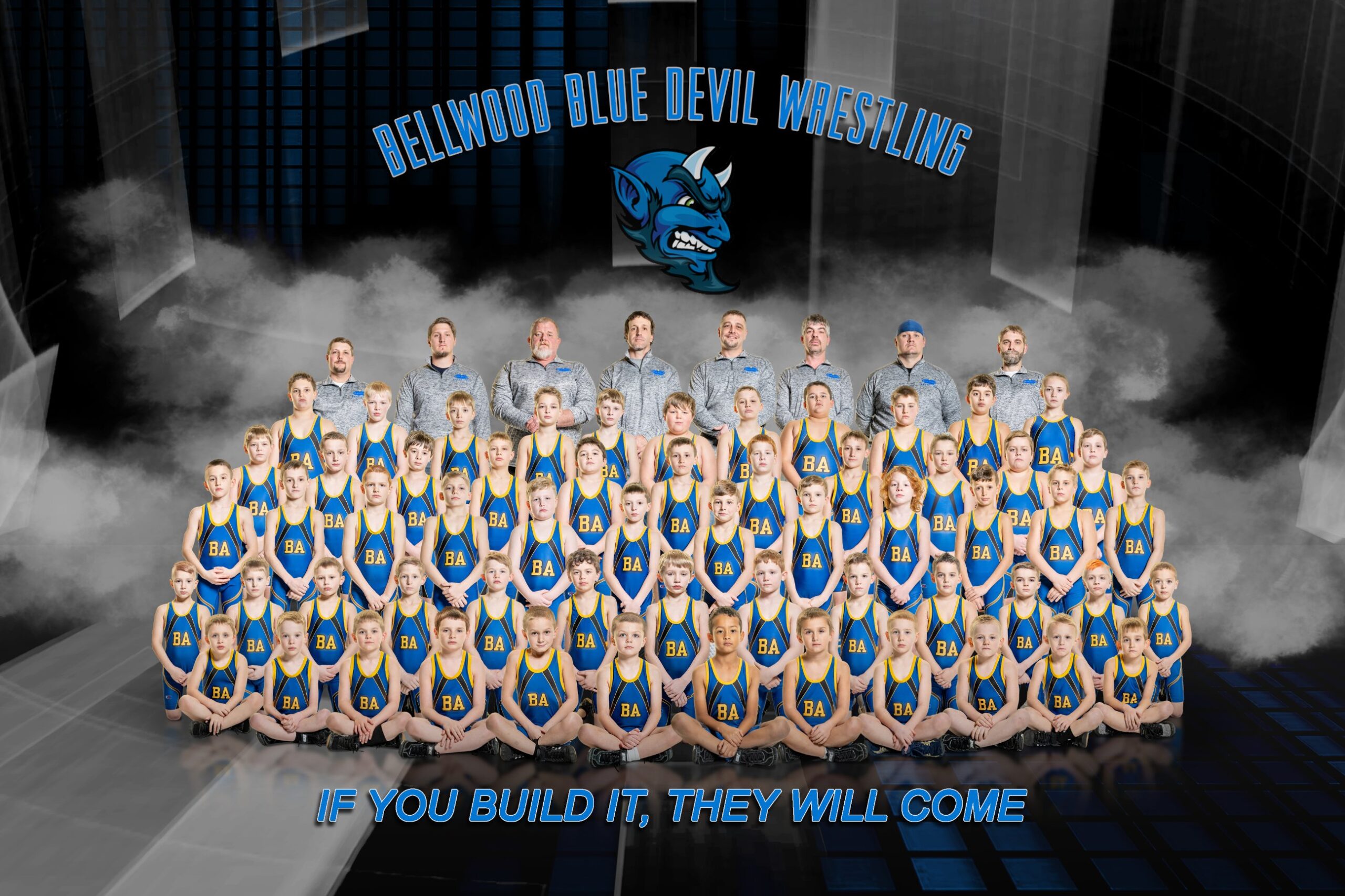 Wrestling team group photo with mascot