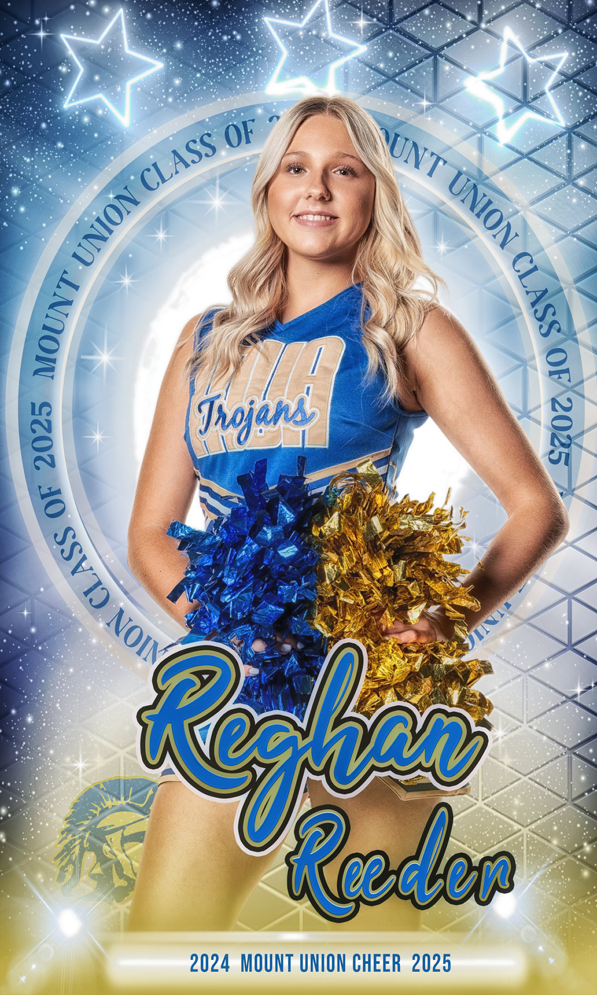 Blonde cheerleader smiling with pom-poms