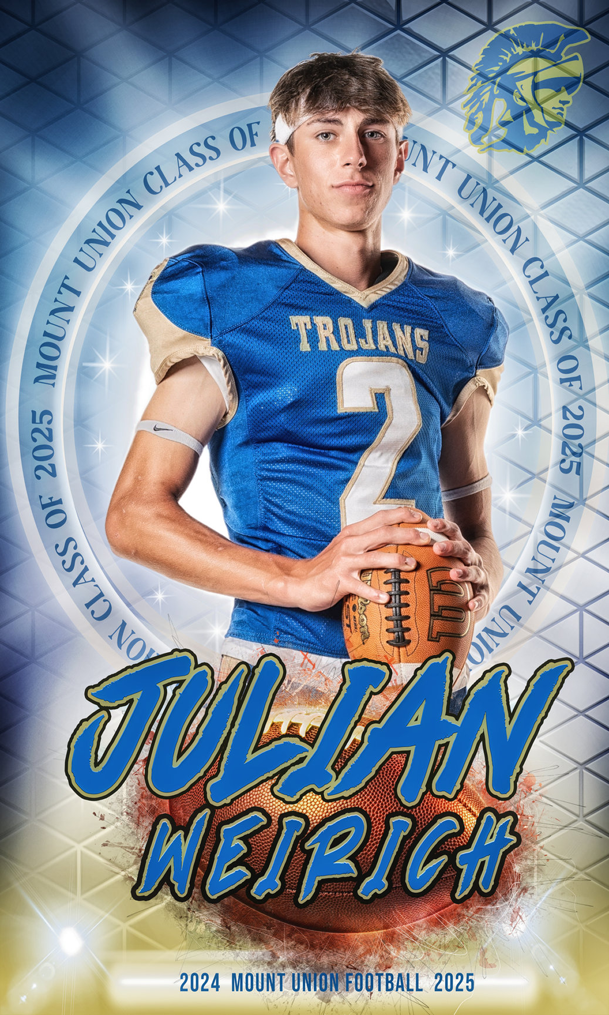 Football player in Trojans jersey holding ball
